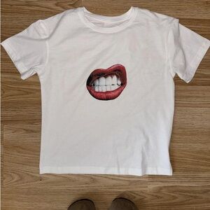 White Graphic Tee with Red Lips Design